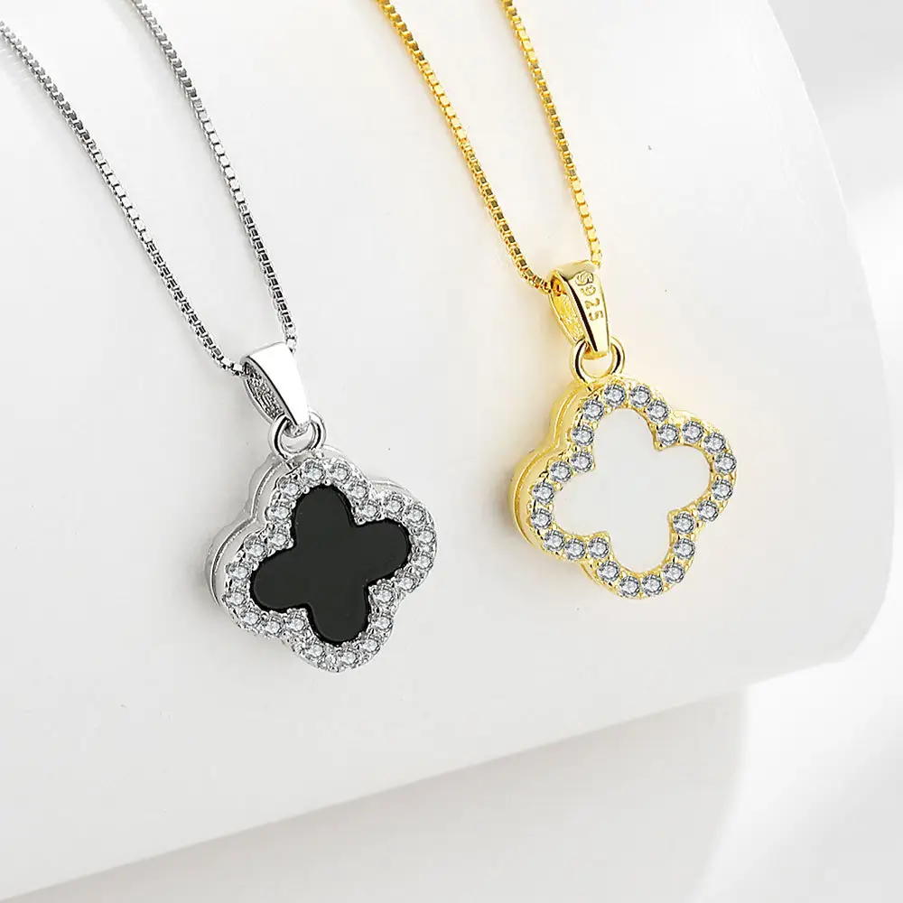 Daidan Double Sided Mother Of Pearl Clover Lucky Charm Black Onyx 925 Silver Four Leaf Clover Necklace