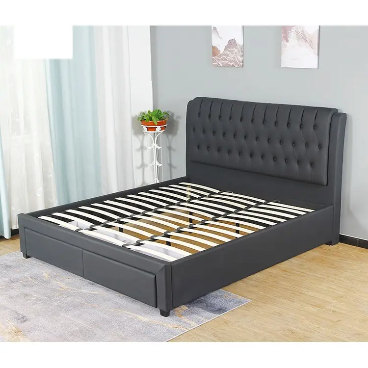 Free Sample Grey Leather Sets Low Profile Durable Platform Bed with Two Storage Drawers