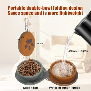 Collapsible Dual Compartment Silicone Pet Bowl, Portable Carabiner Design Outdoor Walking Travel <b>Feeder</b> Bowl - Product Image 2