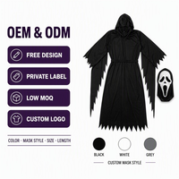Robe noire à capuche avec masque style Scream blanc, taille unique adulte, ensemble Halloween à bords effilochés avec gants et couteau d'accessoire