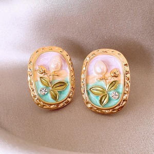 Pendientes de esmalte ovalados chapados en oro Vintage, pendientes de tuerca de flor de perla Puff con pintura al óleo de Palacio, regalo Unisex para mujeres y hombres - Product Image 3