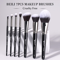 Lot de 7 pinceaux de maquillage professionnels de haute qualité avec manche en bois et poils naturels, y compris un pinceau éventail pour poudre et fond de teint