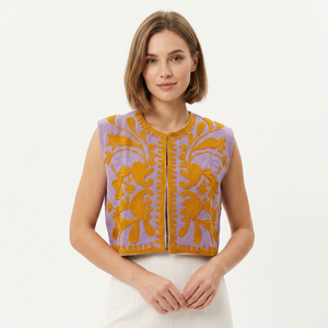 Elegant <b>Women's</b> Purple Floral Embroidered Full Sleeve O-Neck Quilted <b>Jacket</b> Quick Dry Eco-Friendly Features 100% Cotton Woven - Product Image 1