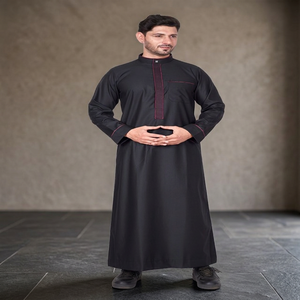 Qamis noir pour homme à manches longues, coupe longue, col montant, tenue de prière islamique modeste, en polyester, motif uni, coupe classique, pour Ramadan et Aïd - Product Image 2