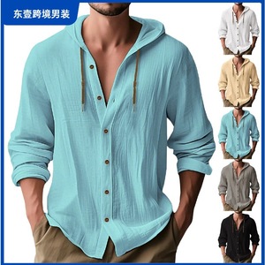 Camisa casual con capucha de algodón y lino para hombre, manga larga, color sólido, talla L, 100% algodón, hecha en China - Product Image 5