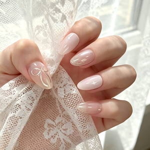 24 faux ongles en ABS, velours, <span class=keywords><strong>Queen</strong></span>, 3D gaufrés, press-on, moyens, forme amande, rose nude, avec paillettes, nœuds et étoiles, réutilisables, pour femmes - Product Image 2