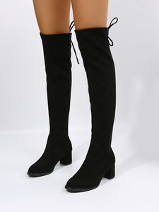 Leather Western PU Thick Heeled Women Pumps Winter Fashion Round Over-the-<b>Knee</b> Boots Breathable Black Dressy Shoes - Product Image 5