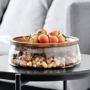 <b>Stackable</b> Solid Wood Lid <b>Storage</b> Glass Bowl Stylish Glass Fruit <b>Container</b> with Wooden Lid for Nut Snack <b>Storage</b> - Product Image 1