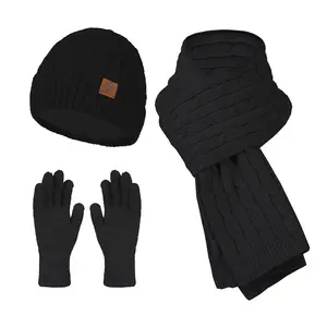 Autumn and Winter Hats Gloves Scarves Three Piece Knitted Hat Plush and Thickened Wool Hat Neck Set Cross border Popular