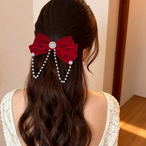 Jepit Rambut Kain Pita Merah Elegan dengan Rantai Mutiara, Pita Kristal Vintage, Jepit Rambut Wanita untuk Pesta Pernikahan, Pengantin, Buatan Tangan Berkualitas Tinggi - Product Image 1