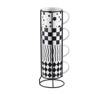 Empilhável Branco e Preto Clássico Design Louça Doméstico Canecas Caneca De Chá De Leite De Café De Cerâmica À Venda