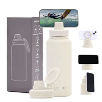 Bouteille d'eau avec couvercle magnétique et support de téléphone en acier inoxydable à double paroi pour le voyage Bouteille d'eau de camping de 24oz avec anneau magnétique