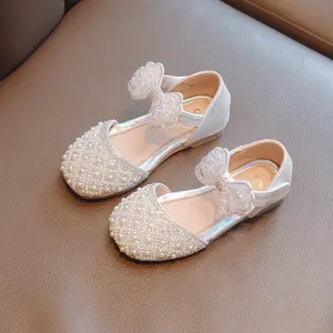 kids summer outdoor faux pearl and bow decor ankle strap princess flat children casual sandals shoe child girl