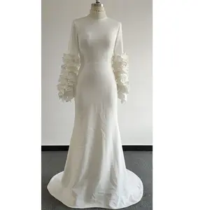 Vestido de baile longo com mangas compridas, gola alta, estilo trompete, com pérolas esticáveis, branco