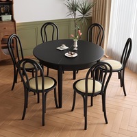 Französischer Retro-Esstisch aus Massivholz, Ausziehbar Rund/Quadratisch, Schwarzer Mid-Century Modern Tisch für Kleine Wohnungen