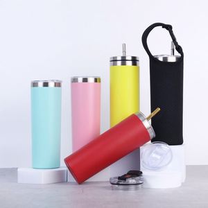 Gobelet isotherme fin de 20 oz en acier inoxydable 304 gravé au laser, blanc, avec revêtement en poudre par sublimation, avec paille - Product Image 1