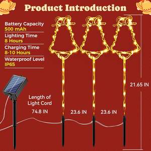 Lumières de jardin solaires de cloche de Noël avec 8 modes d'éclairage 21.65 pouces de haut décor de Noël solaire extérieur de Noël pour le patio de chemin de jardin - Product Image 2