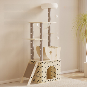 Grande tour d'escalade pour animaux de compagnie, design moderne, en forme de capsule spatiale, avec griffoir en corde de sisal blanche et meuble-condo en bois - Product Image 1