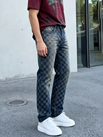 Nouveau Jean en Denim à Carreaux Damier pour Homme 2026 – Coupe Droite, Style Streetwear Hip Hop Vintage Délavé