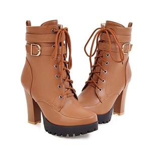 Bottines à talons hauts épais à lacets pour femme, chaussures d'hiver et de printemps, nouvelle mode - Product Image 2