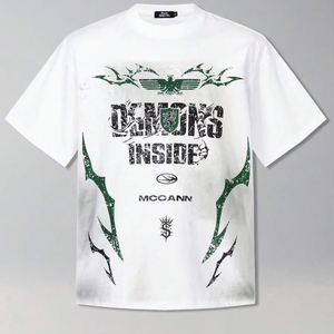 Camiseta blanca estilo streetwear con estampado retro de diablo en el interior; personalización disponible. Unisex.F10 - Product Image 1
