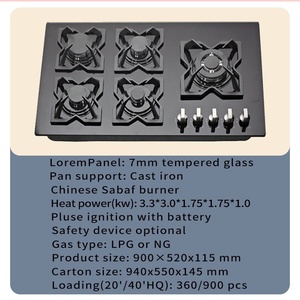 Support lourd en fonte pour cuisinière à gaz encastrée à 5 brûleurs au design moderne avec tables de cuisson en verre trempé pour application de cuisinière de cuisine - Product Image 3