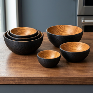 Cuencos Rectangulares Tradicionales de Madera Shou-Sugi-Ban de Aqdus Saleem, Venta al por Mayor |   Vajilla Artesanal en Colores Negro/Dorado/Marrón - Product Image 2