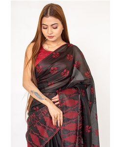 Sari en coton authentique avec de magnifiques broderies florales dorées, tenue ethnique indienne classique pour les festivals, les mariages et les événements. - Product Image 4