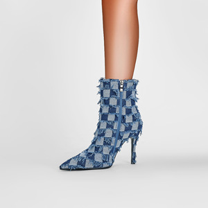 2023 grandi dimensioni autunno nuovi stivali corti da <span class=keywords><strong>donna</strong></span> plaid bordo grezzo punta a punta stivaletti in denim con tacco alto a spillo per signora - Product Image 5