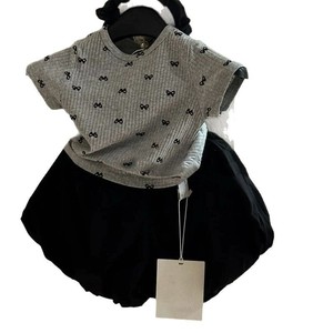 Girls Two Piece Set Grey T-Shirt Black Skirt Cotton Summer Outfit For Kids - Product Image 4