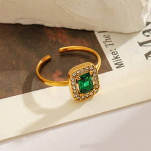 Open <b>Ring</b> Square Green Zircon Pave Setting 18k Gold Plated <b>Titanium</b> Steel Women's Party Jewelry - Product Image 1