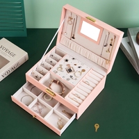 Boîte à bijoux en cuir PU avec miroir, organisateur à tiroirs multi-niveaux, étui rectangulaire doublé de velours pour boucles d'oreilles, bagues, cosmétiques