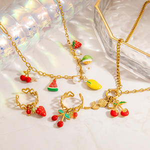 Fruit Charm Jewelry <b>Set</b> Gold Color Women's Everyday Wear Necklace Earrings <b>Bracelet</b> Strawberry Cherry Watermelon Pendant - Product Image 1