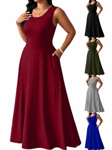Abito Lungo Estivo da <span class=keywords><strong>Donna</strong></span>, Tinta Unita, Collo Rotondo, Senza Maniche, con Laccio Posteriore e Tasche Laterali, Elegante e Casual, Personalizzabile ODM/OEM - Product Image 2