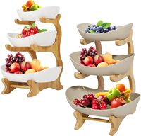 Présentoir à fruits à plusieurs niveaux en gros – Support de rangement en bois à 3 niveaux pour légumes et fruits avec assiettes en céramique