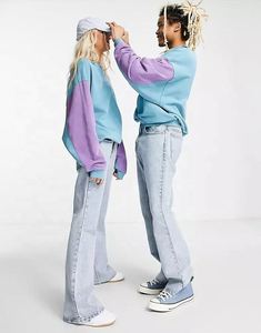 Yingling Vintage sudadera empalme Color bloque cuello redondo sudadera 100% algodón gota hombro sudadera - Product Image 4