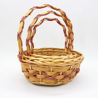 Panier de rangement de pique-nique tissé à la main, manche rond et haut avec décoration, panier portable de fleurs fraîches, tranche de bois, osier