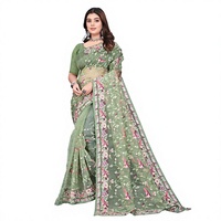 Sari indien traditionnel en soie avec organza et magnifiques broderies multicolores sur le C-Pallu pour femmes, idéal pour les soirées