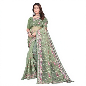 Indian Boutique Traditional <b>Silk</b> Saree with Tissue Organza and Beautiful Multi Embroidery C-Pallu Work for Women Party Wear - Product Image 4