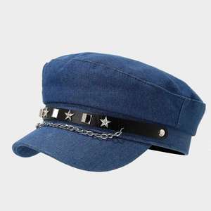 Gorra de Boina Plana de Mezclilla Estilo Vintage Japonés para Mujer con Cadena y Remaches, Gorra Casual de Capitán para Mujer y Niña para Exteriores - Product Image 4