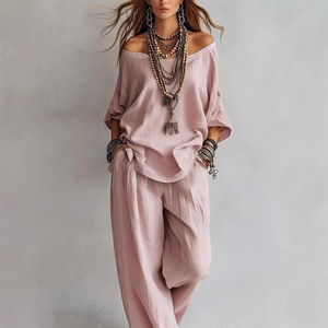 <span class=keywords><strong>Ensemble</strong></span> 2 pièces été décontracté européen et américain : haut en lin tissé à manches trois-quarts et pantalon large - Product Image 1