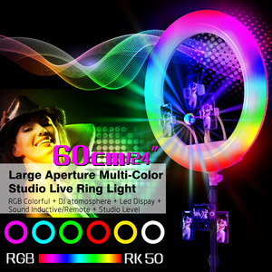 Lampu Fotografi 65W 24 Inci (60Cm) dengan Rgb, Kendali Jarak Jauh, Layar LCD, Dudukan Tripod untuk RK-50 Rias Video CK Tock Vlogue - Product Image 2