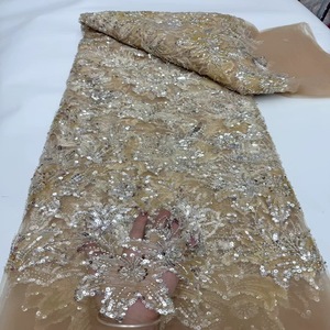 Matériaux de dentelle africaine de haute qualité, perles nigérianes et dentelle à paillettes, tissus de broderie pour robes de mariée - Product Image 6