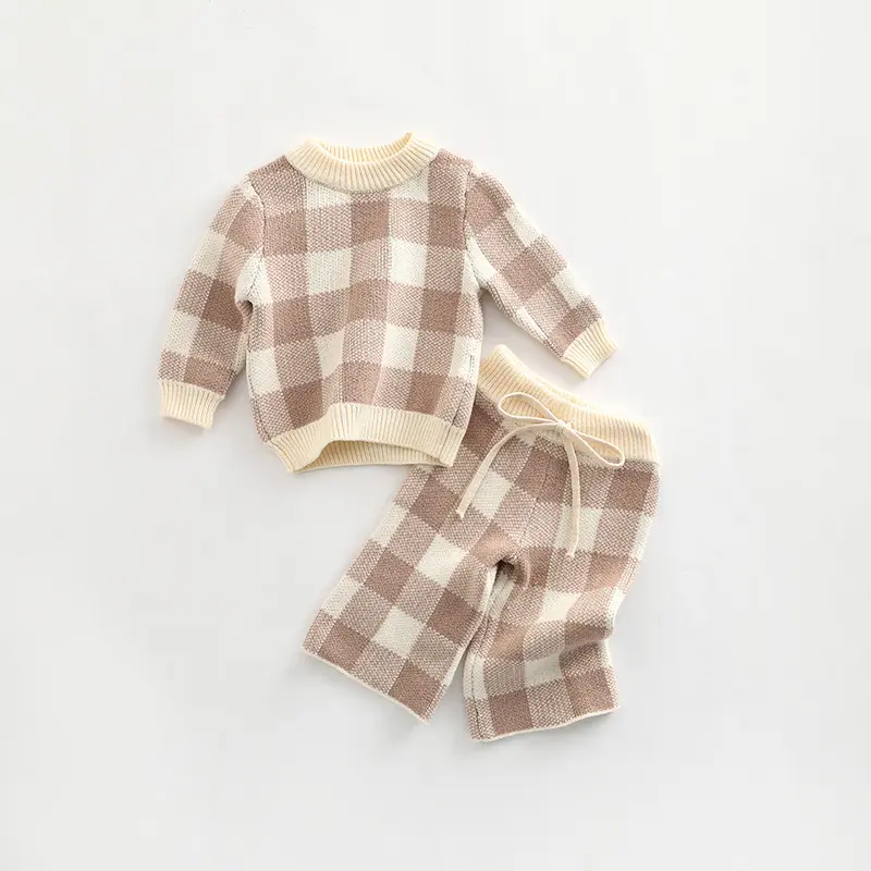 Newborn Baby Kids Clothing Suits High Quality Plaid Design Knitting Style Baby Winter Knit Outwear Clothing Sets Jumper
