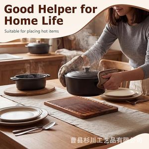 Solid Wood Kitchen Heat Insulation Mat <b>Rectangle</b> Striped Pine <b>Placemat</b> For Soup Bowl Anti Scalding Protection - Product Image 3