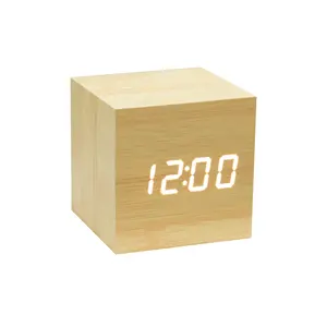 KH-WC001สำนักงานอิเล็กทรอนิกส์ดิจิตอล Cube ไม้นำนาฬิกาปลุกที่มีเวลาอุณหภูมิวันที่แสดง
