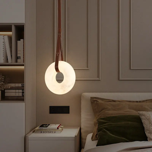 Lustre LED personnalisé en laiton et albâtre, design moderne, minimaliste, nordique, avec anneau en marbre, pour salon, salle à manger, chambre à coucher - Product Image 4