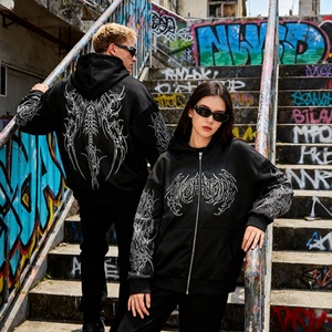 Sudadera con capucha unisex oversize de streetwear con hombros caídos, lavado ácido, bordado 3D, estampados gráficos personalizados, corte cropped, estilo boxy, con cremallera, Y2K - Product Image 1