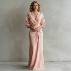 Robes <span class=keywords><strong>pour</strong></span> femmes, rose clair, col en V profond, manches bouffantes, satin plissé torsadé, élégante, formelle, longue - Product Image 4
