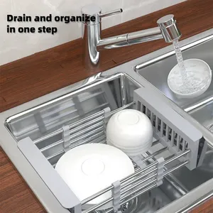 Escurridor de cocina individual al por mayor de acero inoxidable, cesta extensible para secar platos, escurridor de frutas y verduras, almacenamiento - Product Image 3